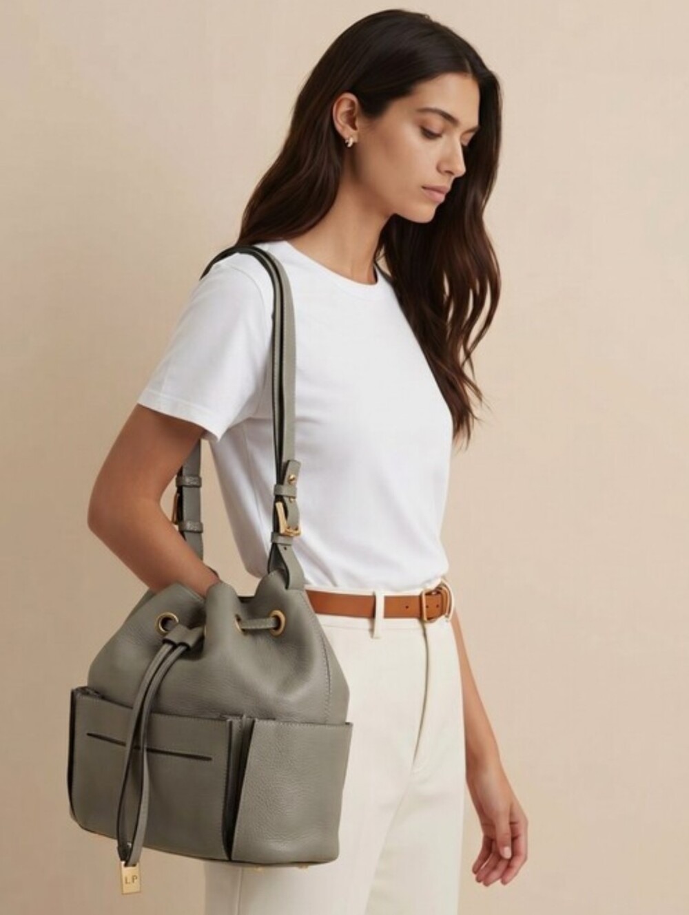 Loro Piana Gray Leather Drawstring Bucket Bag - Picture 3 of 15